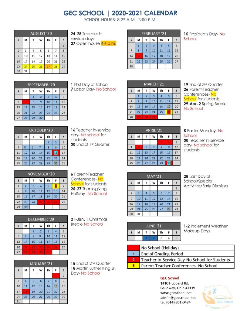 20202021 School Year Calendar GEC School
